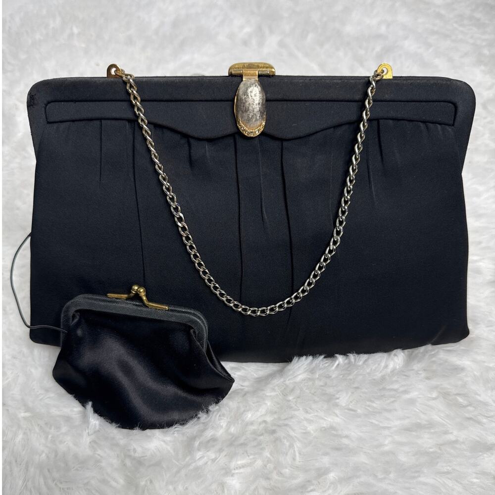 1950s After Five Black Satin Evening Clutch Rhinestone Clasp Coin Purse USA